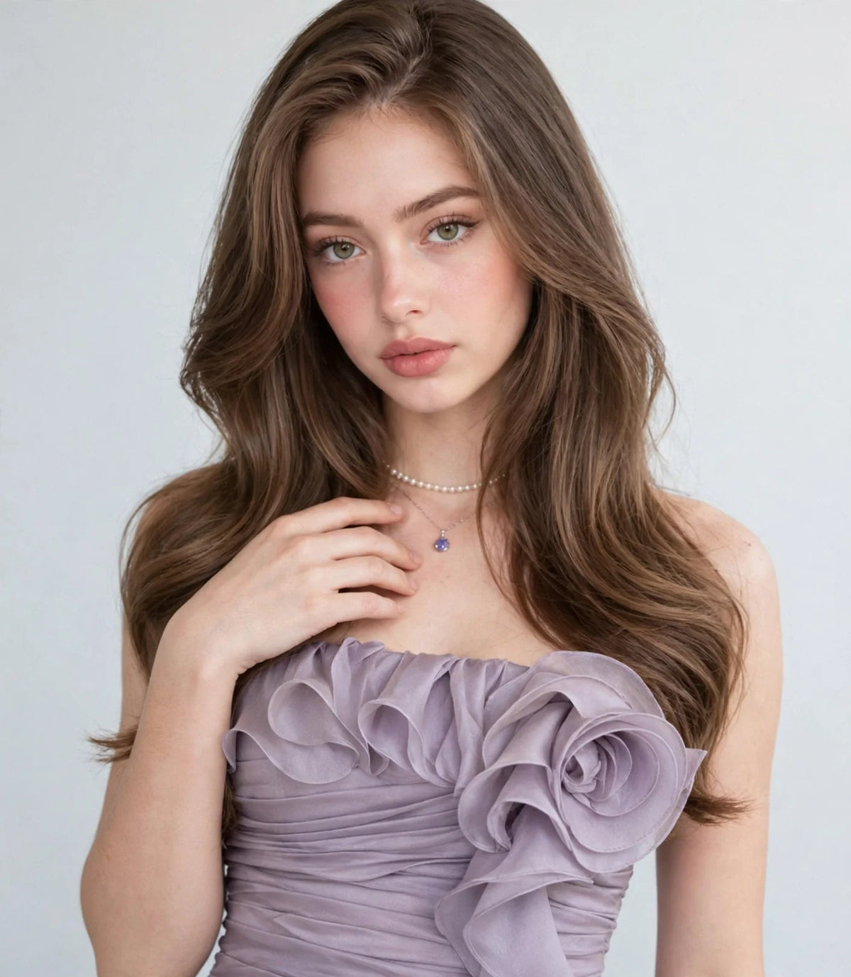 Close-up of a woman in a lavender ruffled strapless bodice wearing a pearl necklace with a blue pendant, gray background.