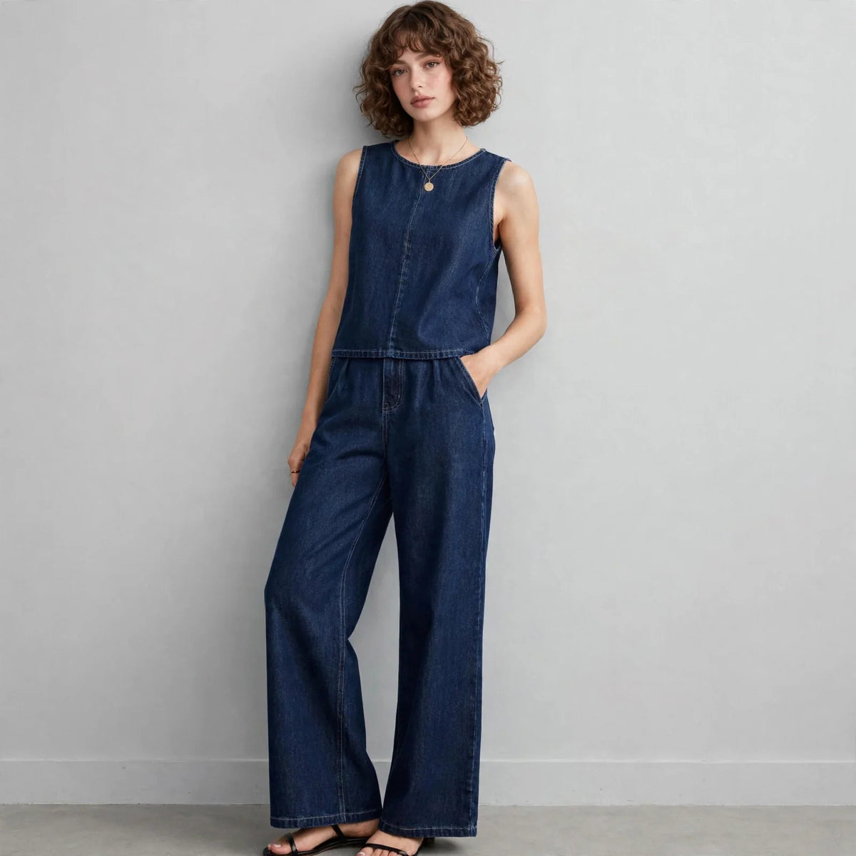 Dark Blue Denim tank and pants set on model, front view