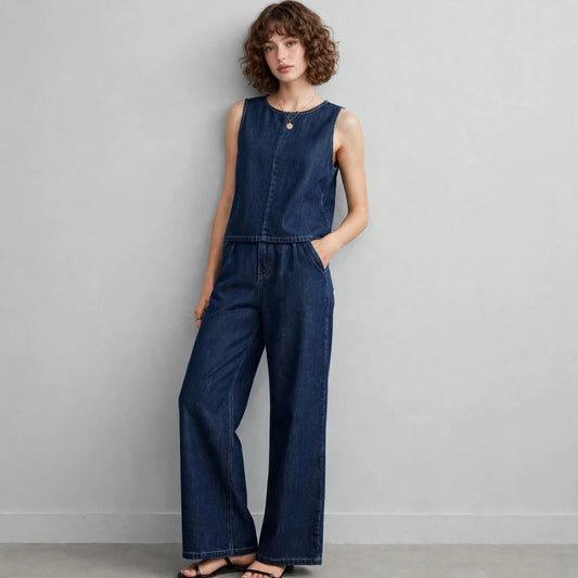 Dark Blue Denim tank and pants set on model, front view
