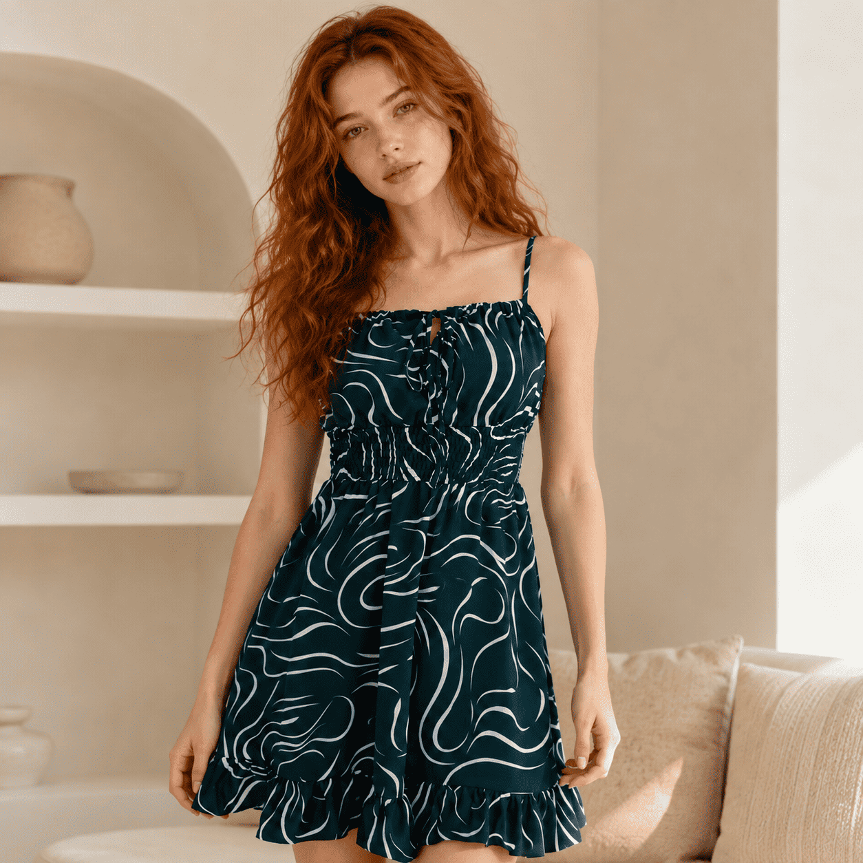 Abstract Print Spaghetti Strap Ruffle Hem Mini Dress