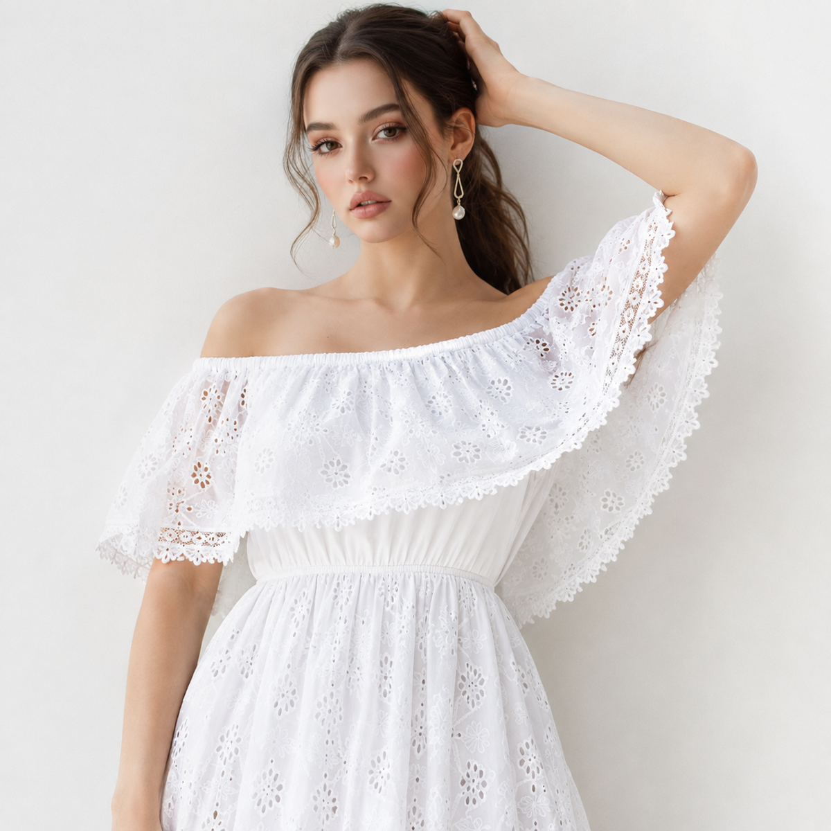 Off Shoulder Eyelet Lace Maxi Dress – Front View | Celina Studio