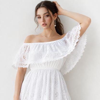 Off Shoulder Eyelet Lace Maxi Dress – Front View | Celina Studio