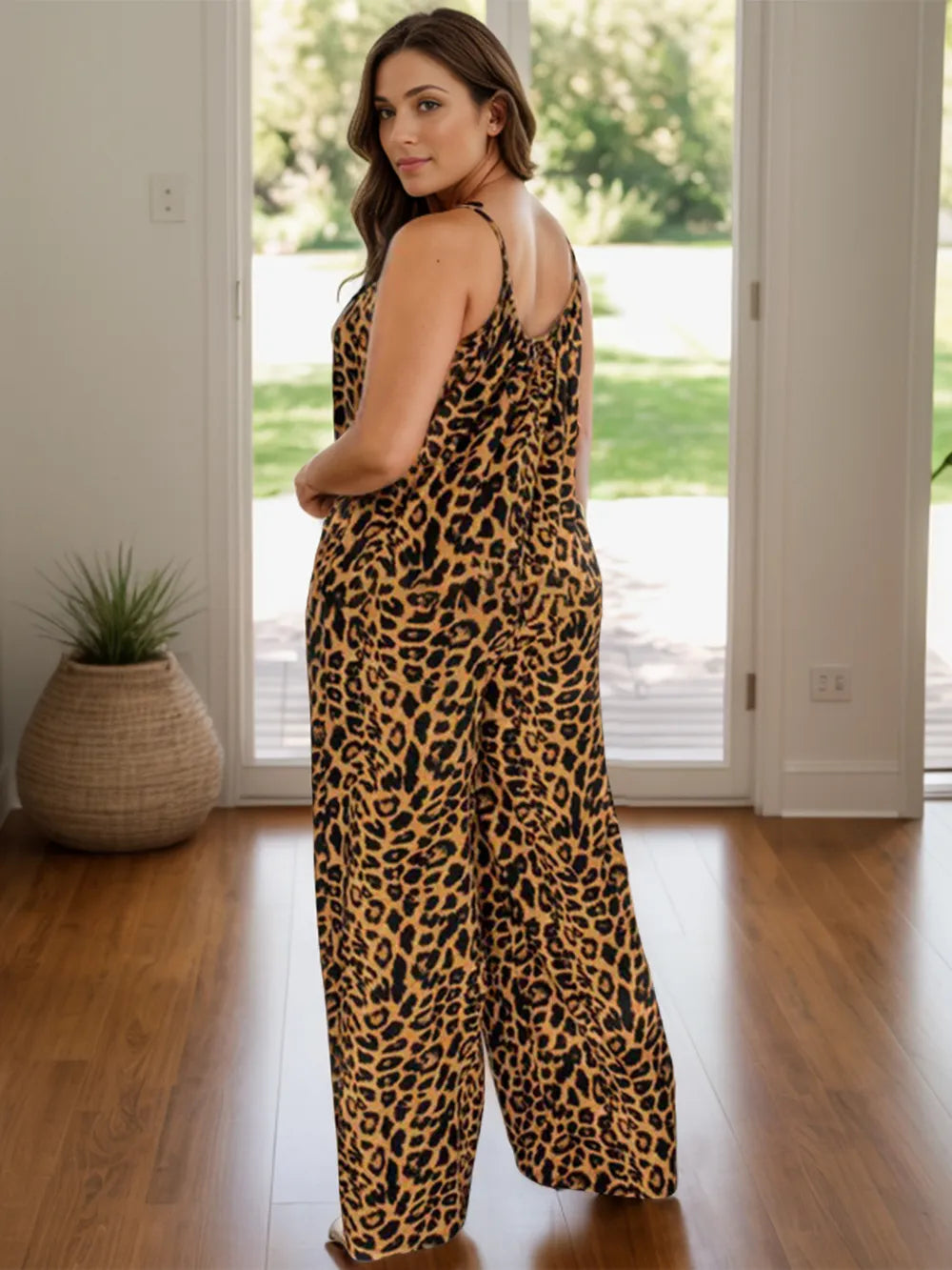 Full Size Leopard Scoop Neck Wide Leg Jumpsuit – Side View | Celina Studio
