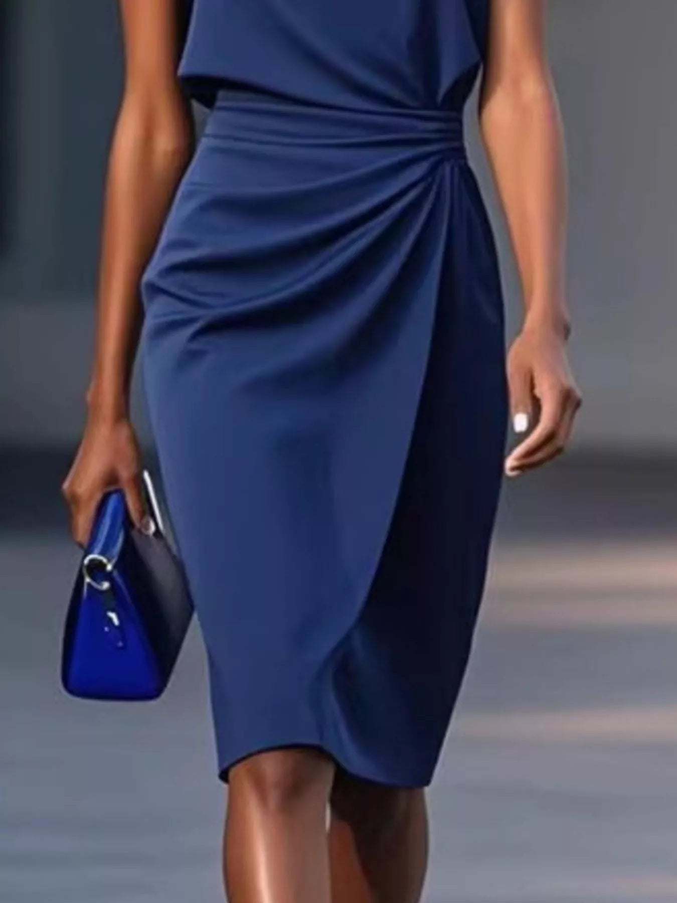 Pastel Blue Ruched-Waist Sleeveless Dress – Full Length View
