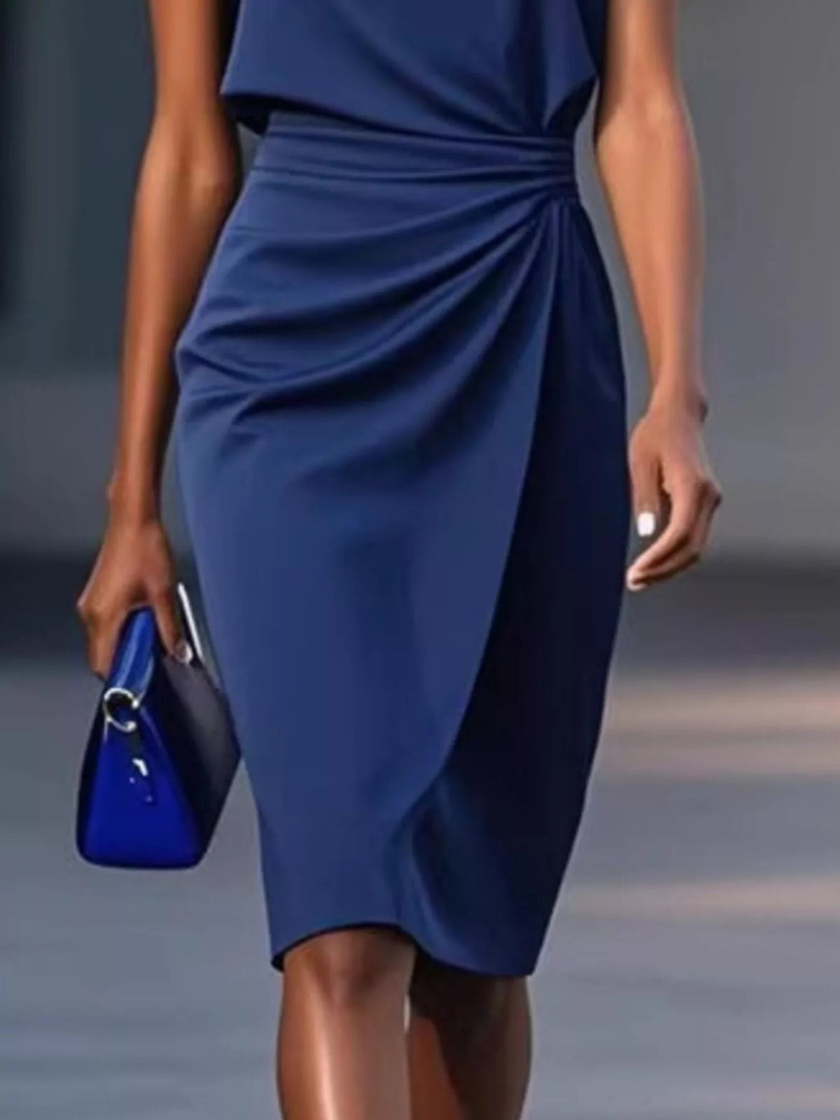 Pastel Blue Ruched-Waist Sleeveless Dress – Full Length View