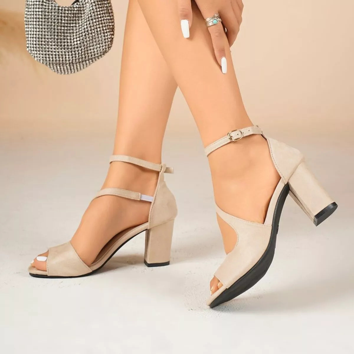 Off-White Peep-Toe Mid-Heel Block Sandals – Side View | Celina Studio
