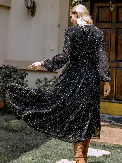 Embroidered Polka Dot Tie Neck Long Sleeve Midi Dress – Side View | Celina Studio