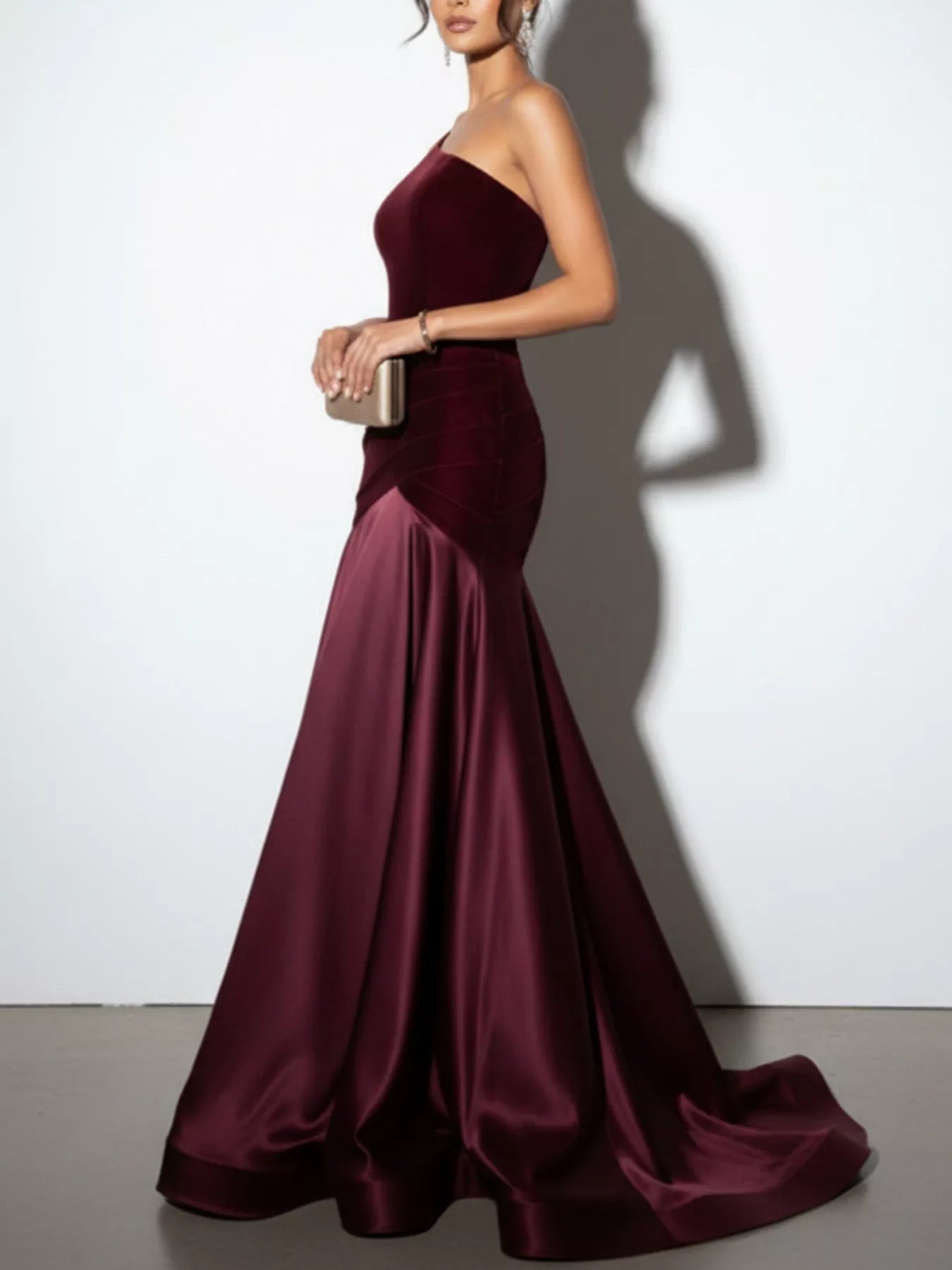 Wine Red Ruched One-Shoulder Floor-Length Dress – Side View | Celina Studio