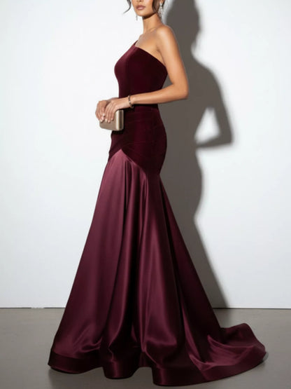 Wine Red Ruched One-Shoulder Floor-Length Dress – Side View | Celina Studio