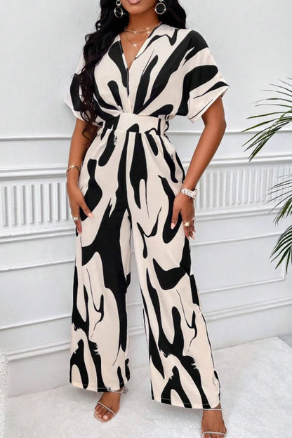 Printed V-Neck Short Sleeve Wide Leg Jumpsuit – Print Detail | Celina Studio