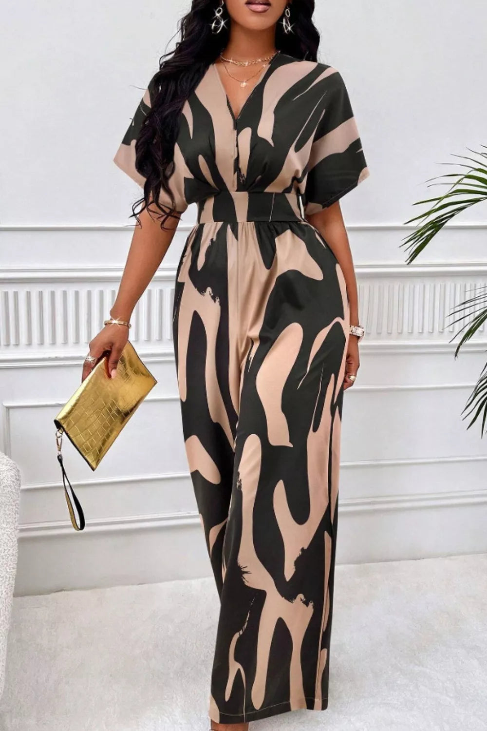 Celina Studio Printed V-Neck Short Sleeve Wide Leg Jumpsuit – Model Side Profile