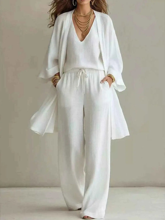 V-Neck Top & Cardigan & Pants Three-Piece Set