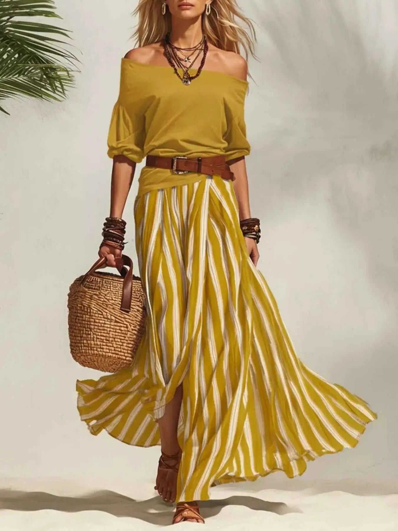 Off Shoulder Top and Striped Maxi Skirt Set with Belt