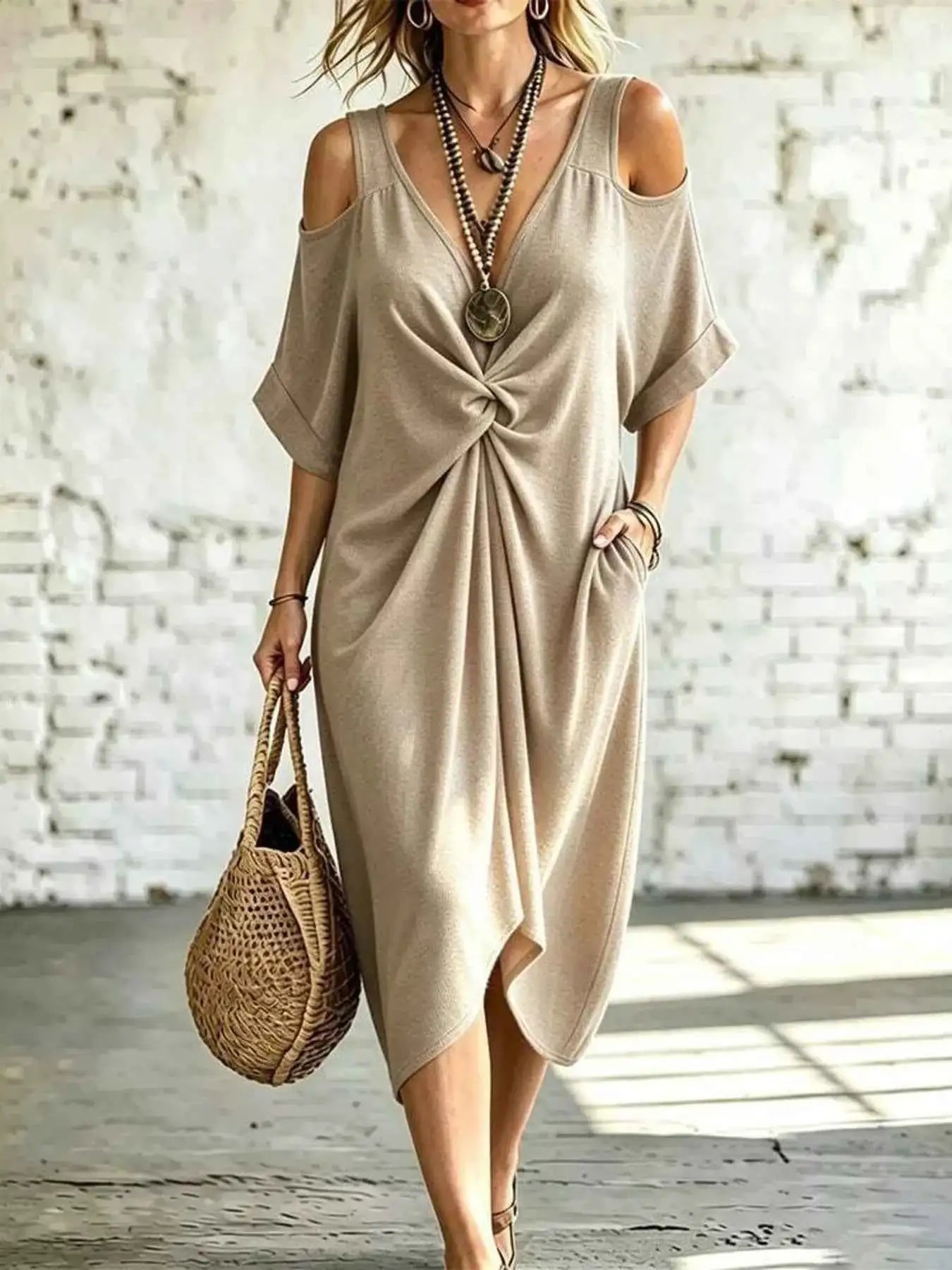 Cold Shoulder Twist Front Midi Dress
