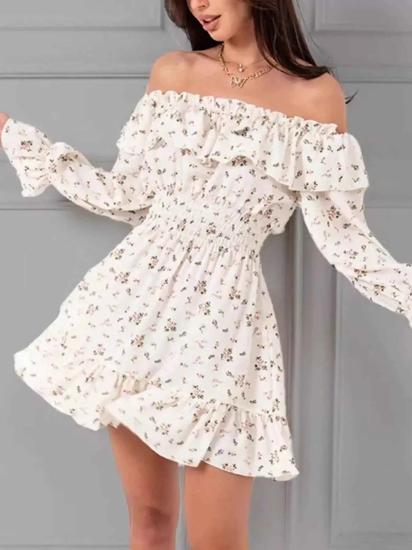Off-Shoulder Floral Print Ruffle Dress