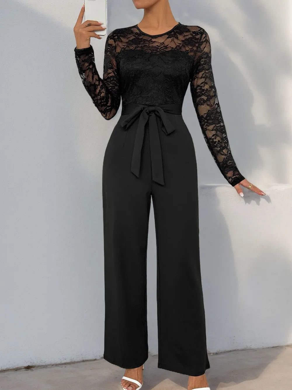 Lace Round-Neck Long-Sleeve Jumpsuit – Color Option | Celina Studio