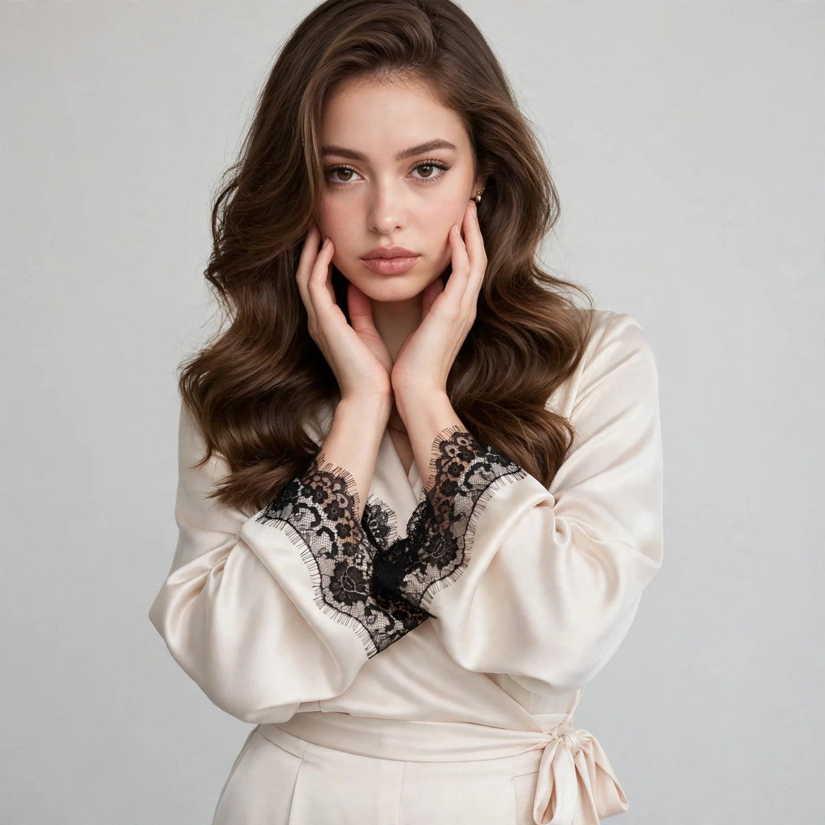 Close-up of model with hands near face wearing ivory satin wrap top with black lace cuffs, grey studio background