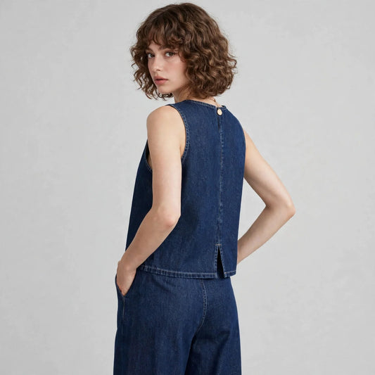 Dark Blue Denim tank and pants set on model, full-length view