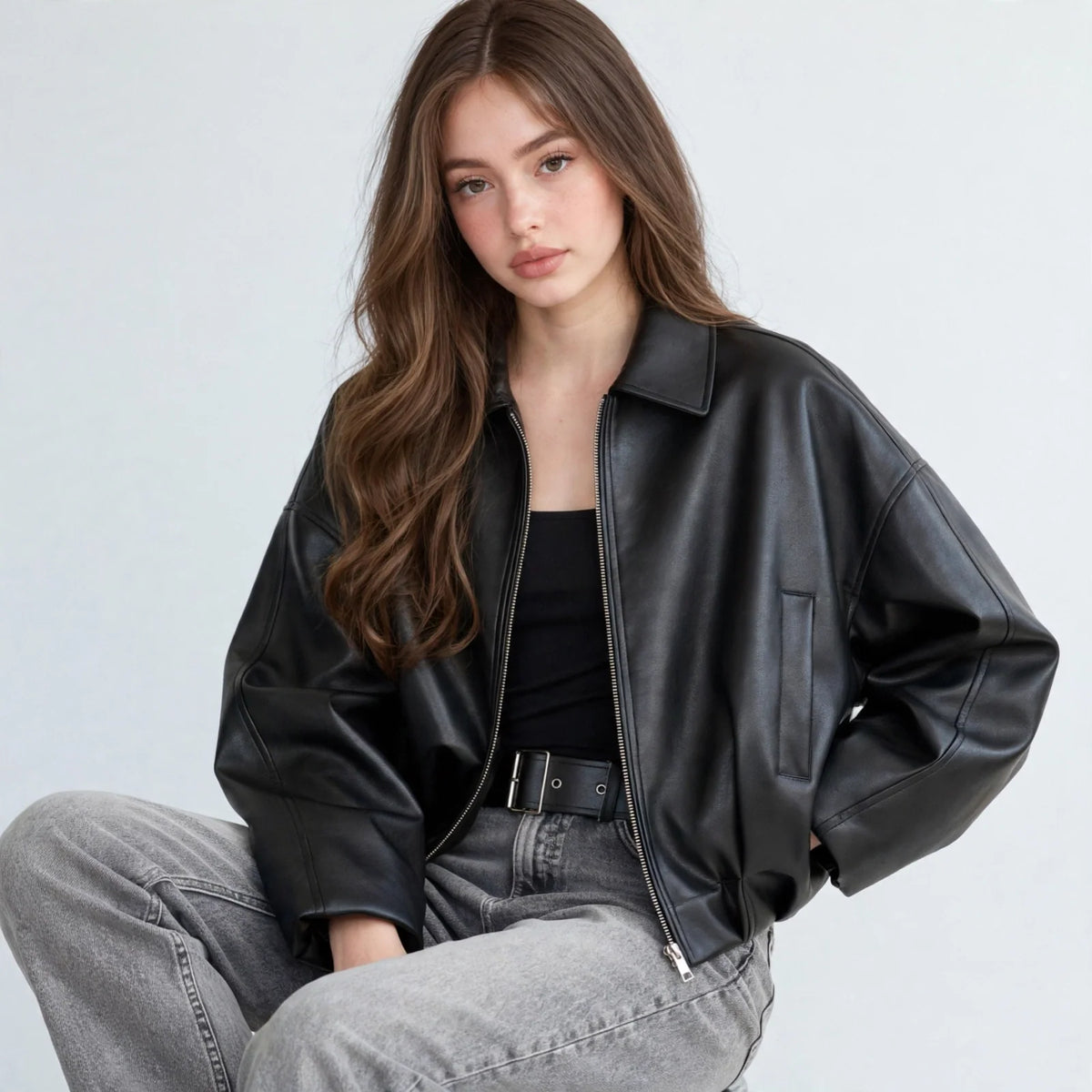 Model sitting down wearing a black cropped faux leather zip-up jacket with belted hem over a black top and grey jeans