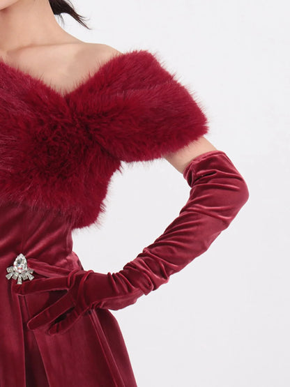 Red Fuzzy Off-Shoulder Mini Dress – Rhinestone Detail Close-Up | Celina Studio