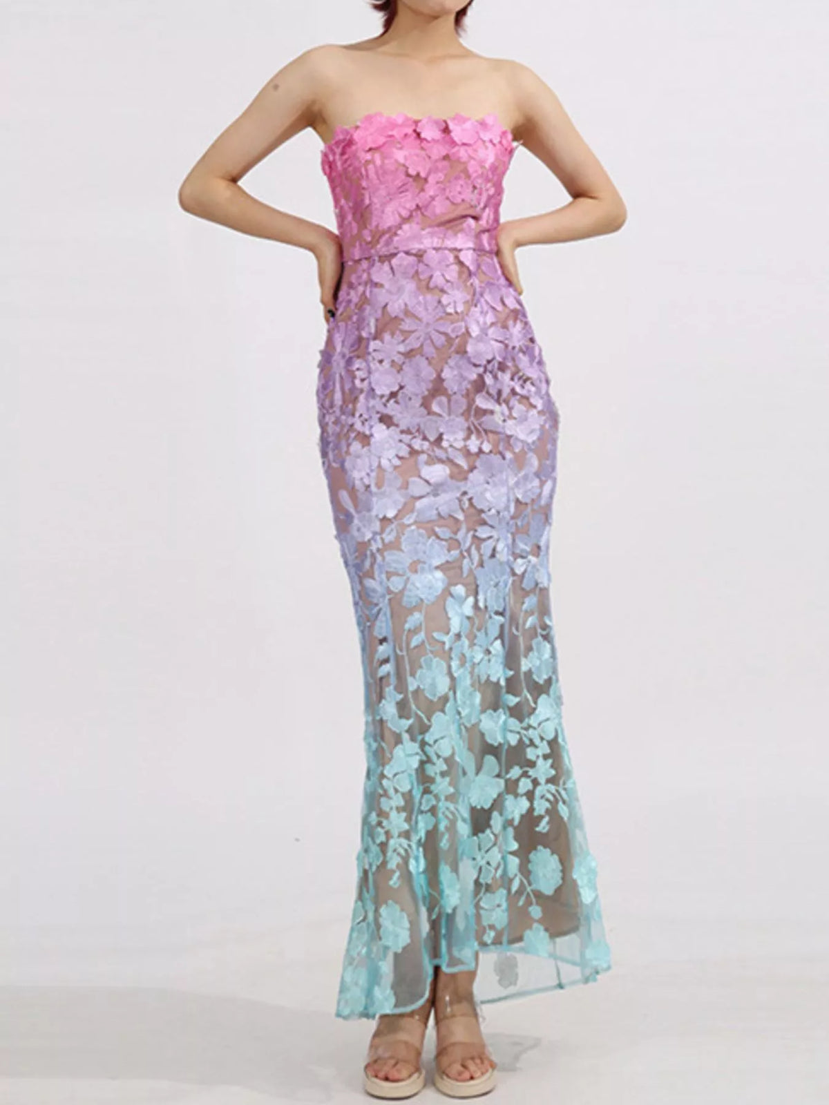 Floral Embroidered Strapless Tube Maxi Dress – Full Length View | Celina Studio