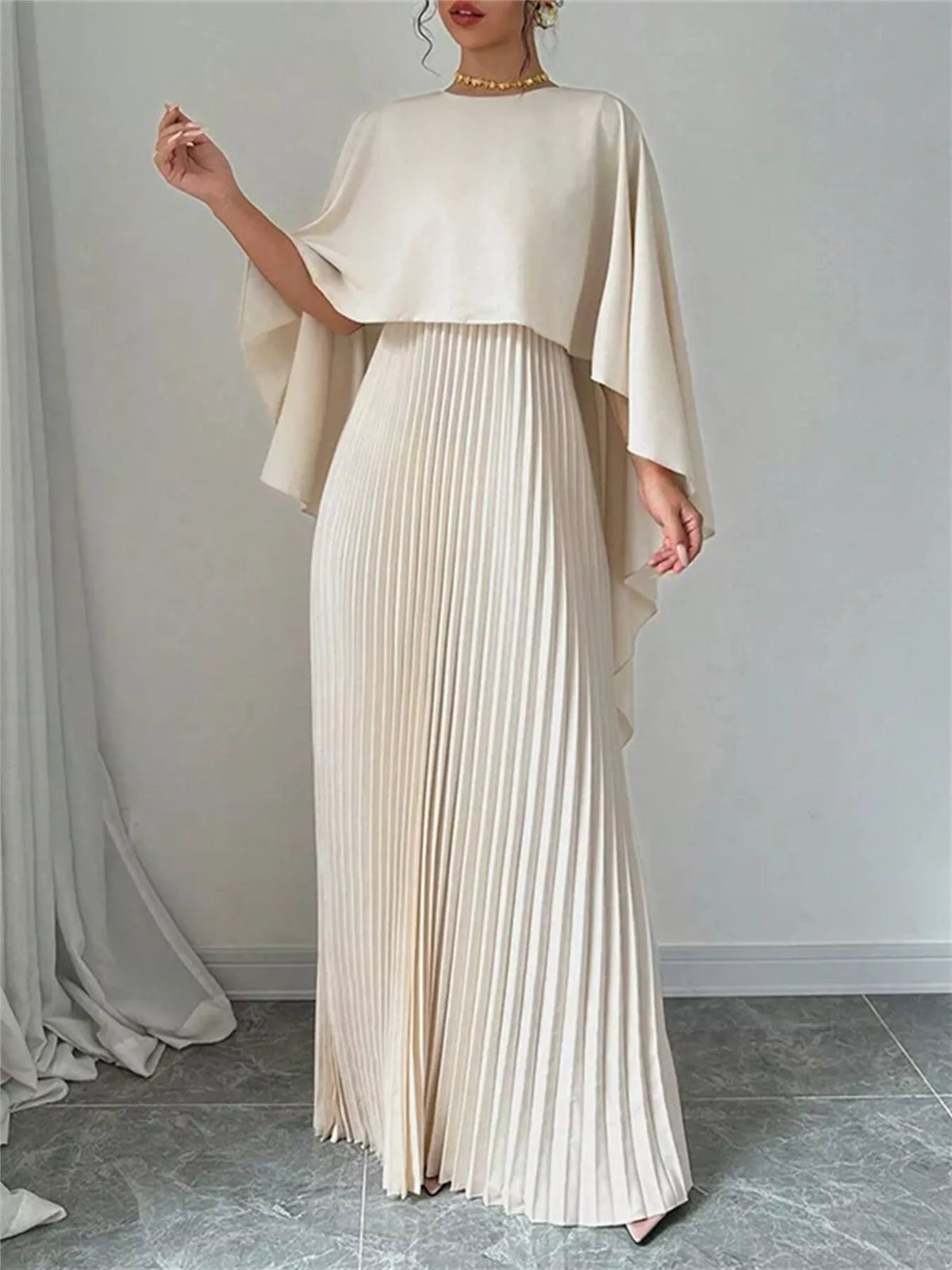 Pleated Cape Maxi Dress – Back View | Celina Studio