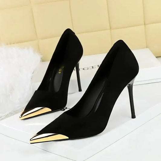 Suede Pointed Toe Metal Heel Slim Pumps