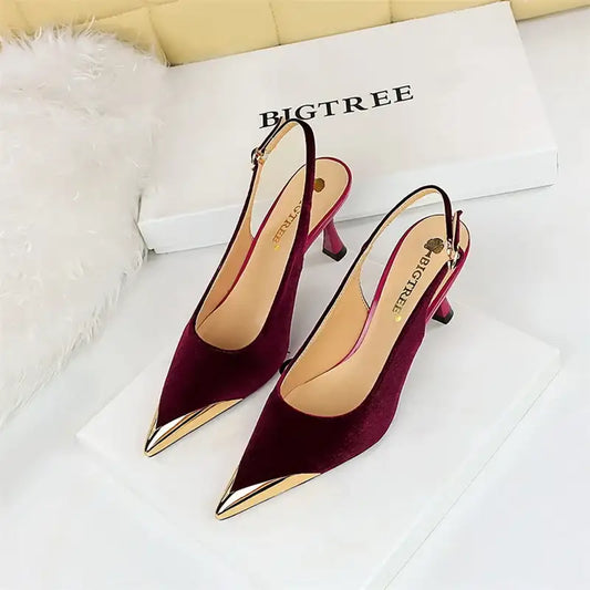 Velvet Pointed Toe Hollow Buckle Slingback Heels