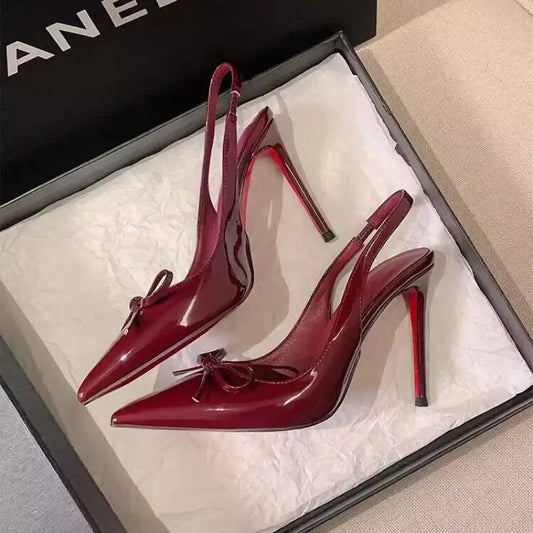 Bow-Tie Pointed Toe Patent High Heel Sandals