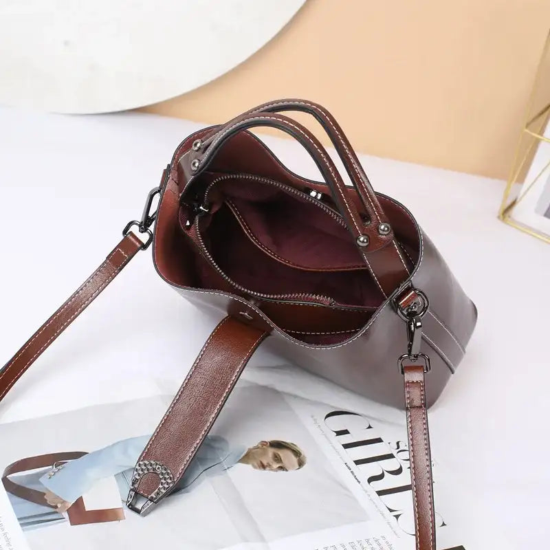 Oil Wax Cowhide Leather Bucket Crossbody Bag – additional view 4