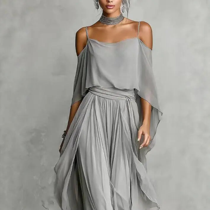 Off-Shoulder Draped Top and Wide-Leg Pants Set – Side View | Celina Studio