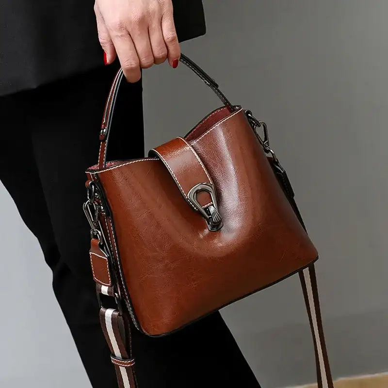 Oil Wax Cowhide Leather Bucket Crossbody Bag
