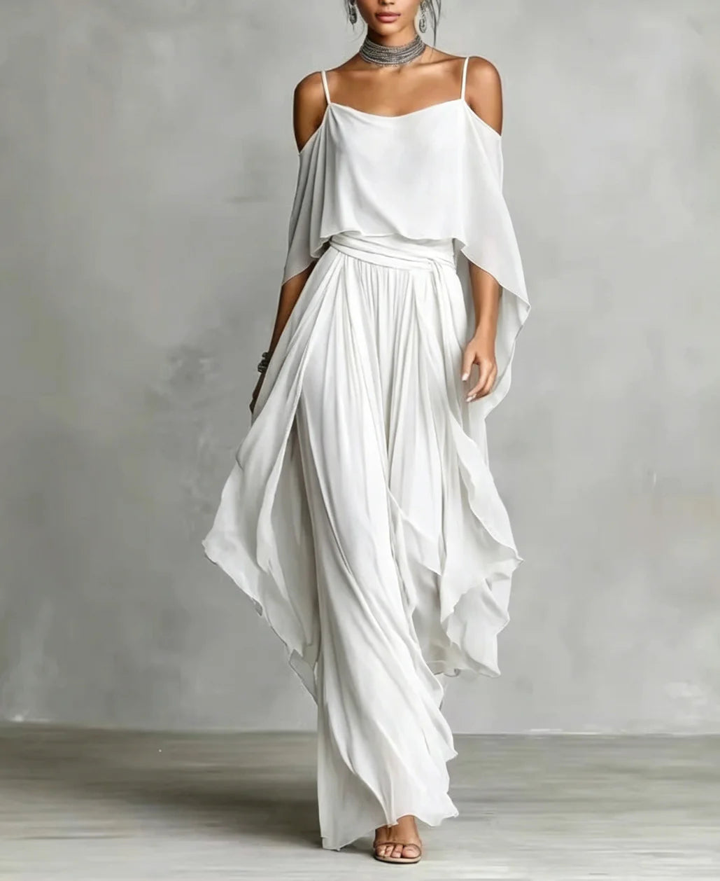 Off-Shoulder Draped Top and Wide-Leg Pants Set – Detail View | Celina Studio