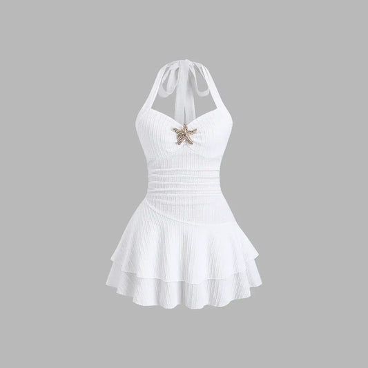 Starfish Print Halter Ruffle Mini Dress – Front View