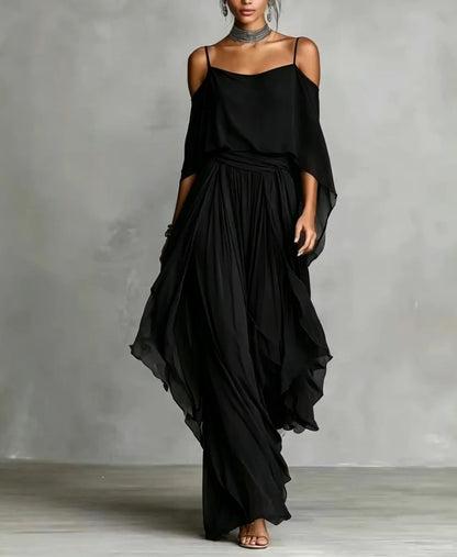 Off-Shoulder Draped Top and Wide-Leg Pants Set – Color Option | Celina Studio