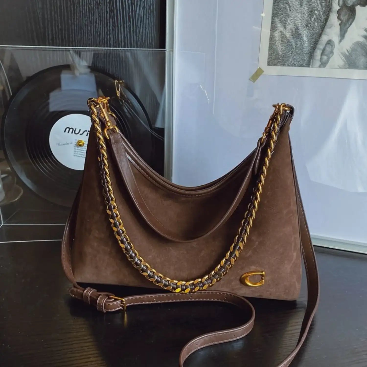 Black Suede Large Crossbody