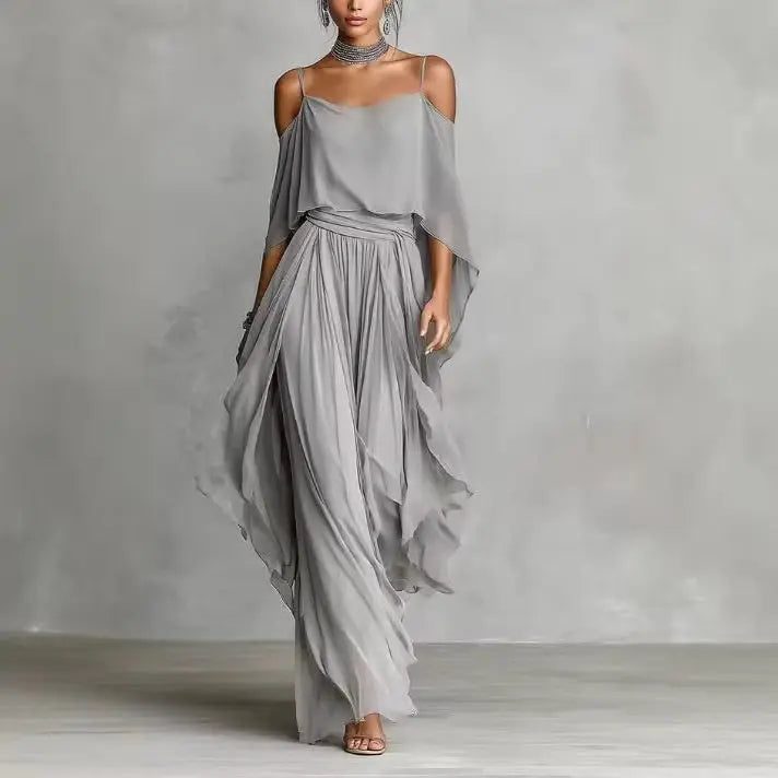 Off-Shoulder Draped Top and Wide-Leg Pants Set – Front View | Celina Studio