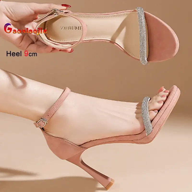 Round Toe Rhinestone Thin Heel Sandals – additional view 6