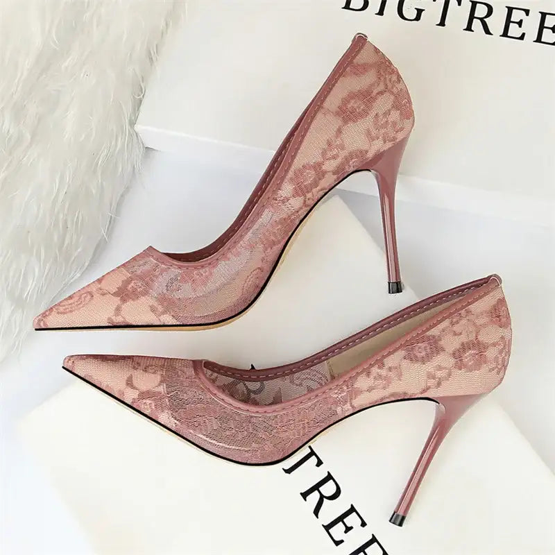 Lace Mesh Pointed Toe Thin Heel Office Pumps