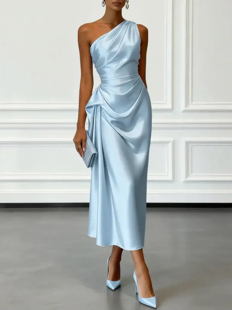 One Shoulder Satin Midi Dress