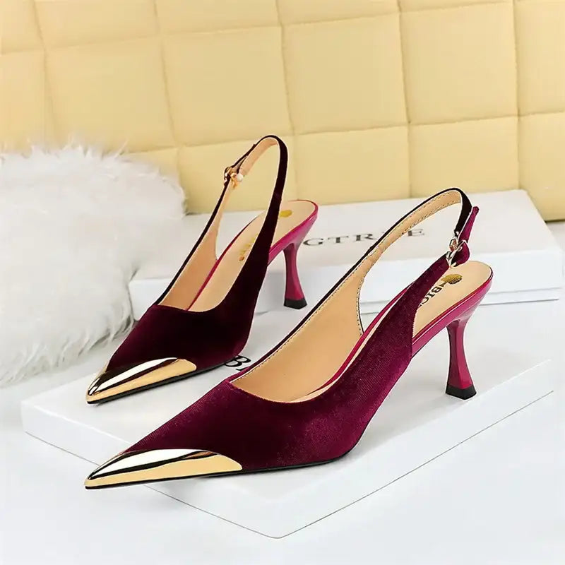 Velvet Pointed Toe Hollow Buckle Slingback Heels – additional view 6