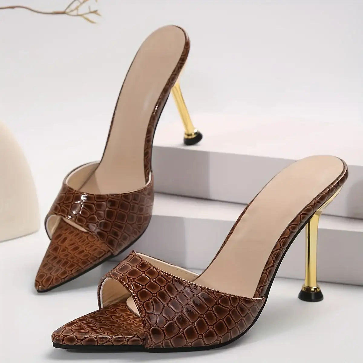 Crocodile Texture Peep Toe Stiletto Sandals – Color Option 1
