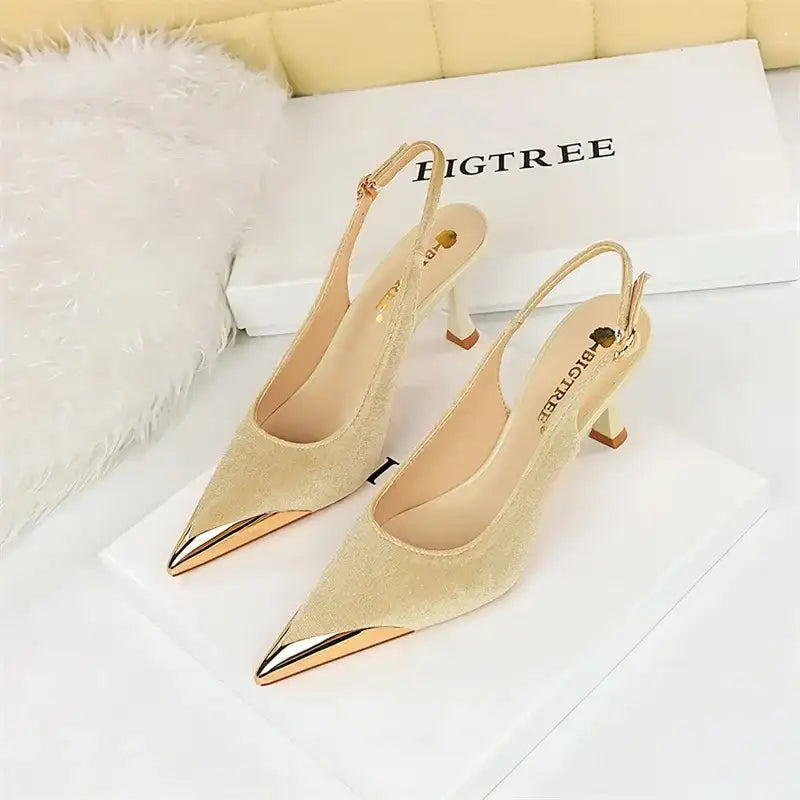 Velvet Pointed Toe Hollow Buckle Slingback Heels – additional view 4