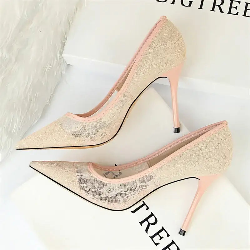 Lace Mesh Pointed Toe Thin Heel Office Pumps – additional view 6