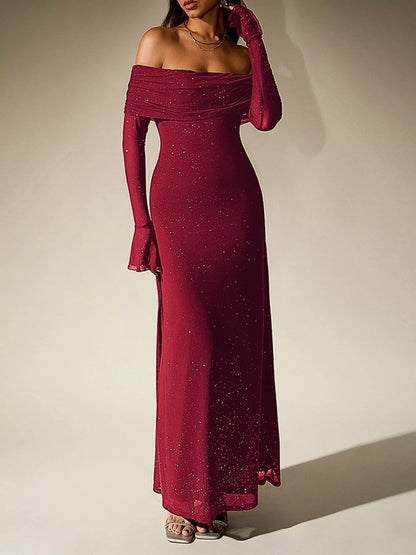 Glitter Off-Shoulder Maxi Dress – Front View | Celina Studio