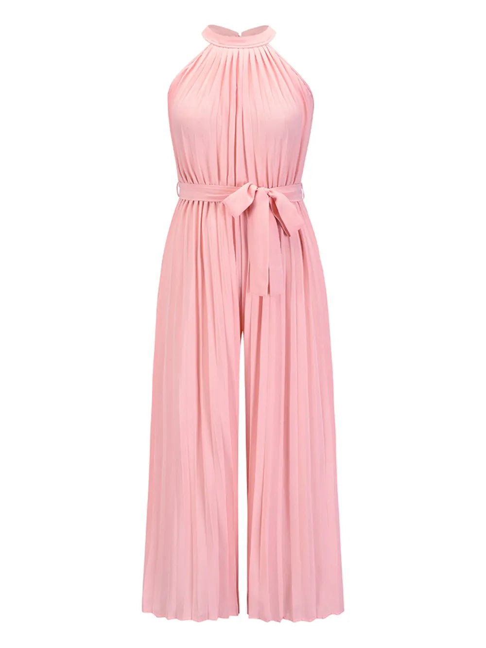Cutout Tied Pleated Sleeveless Jumpsuit – Tie Detail Close-Up | Celina Studio