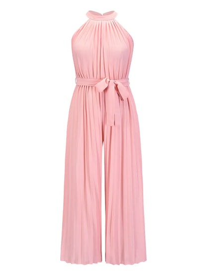 Cutout Tied Pleated Sleeveless Jumpsuit – Tie Detail Close-Up | Celina Studio