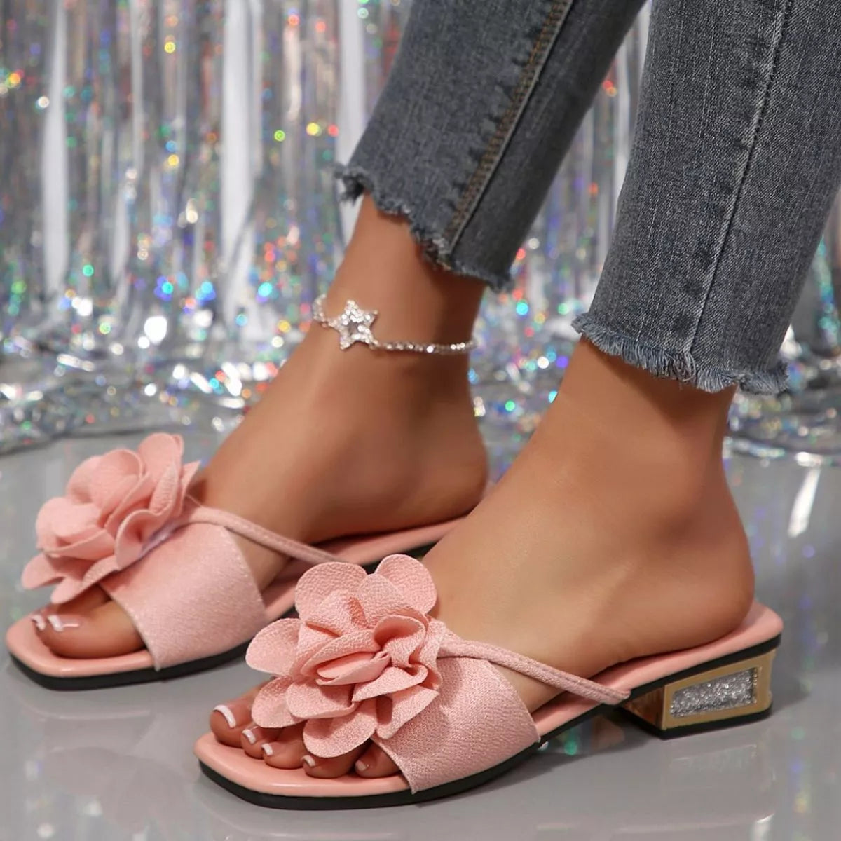 Celina Studio Open-Toe Low Block-Heel Sandals – Three Quarter Angle View