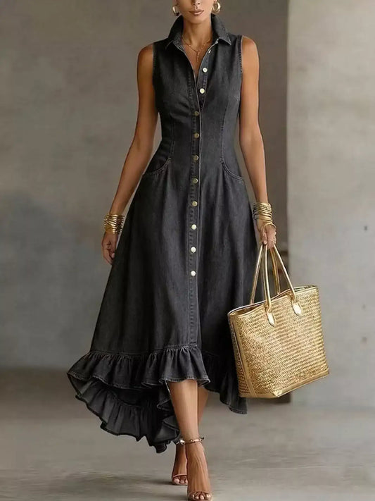 Sleeveless Ruffled Hem Denim Dress – Front View