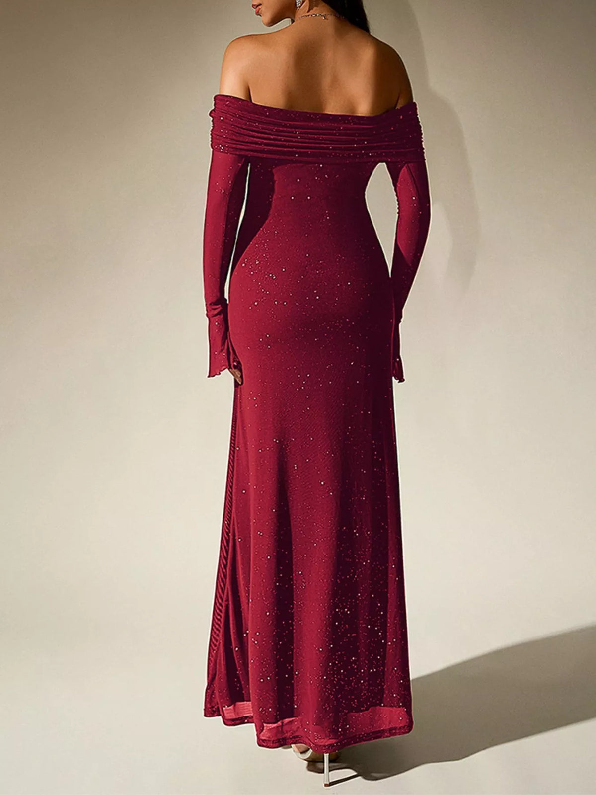 Glitter Off-Shoulder Maxi Dress – Side View | Celina Studio
